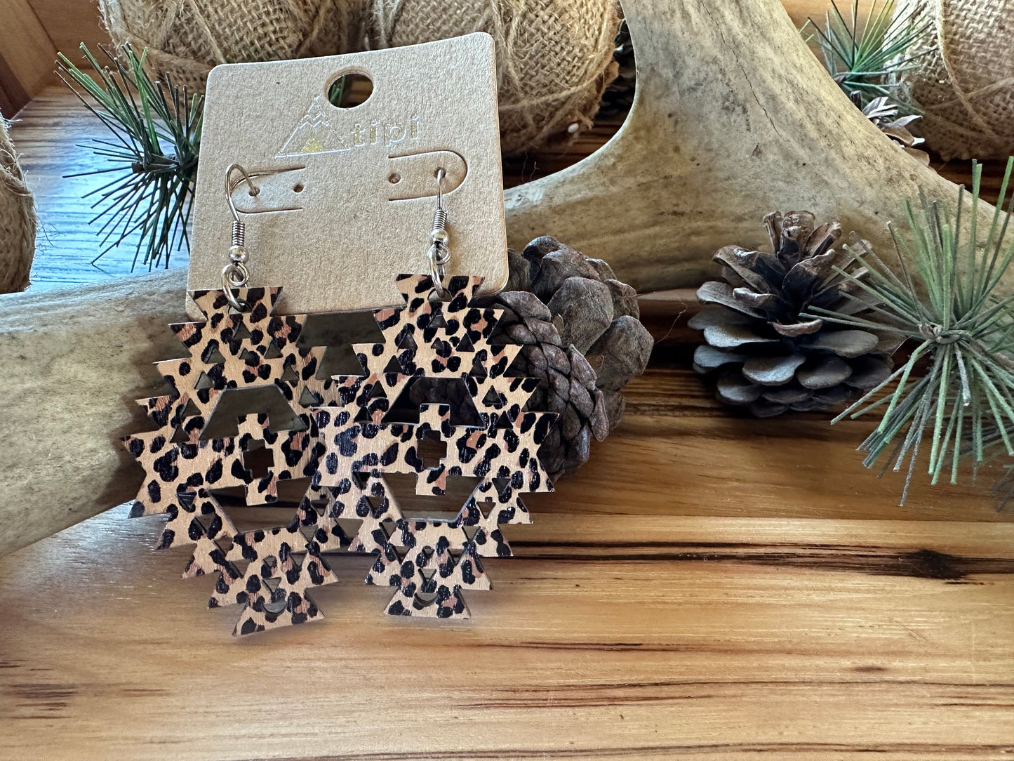 Leopard Southwestern Diamond Wood Earrings