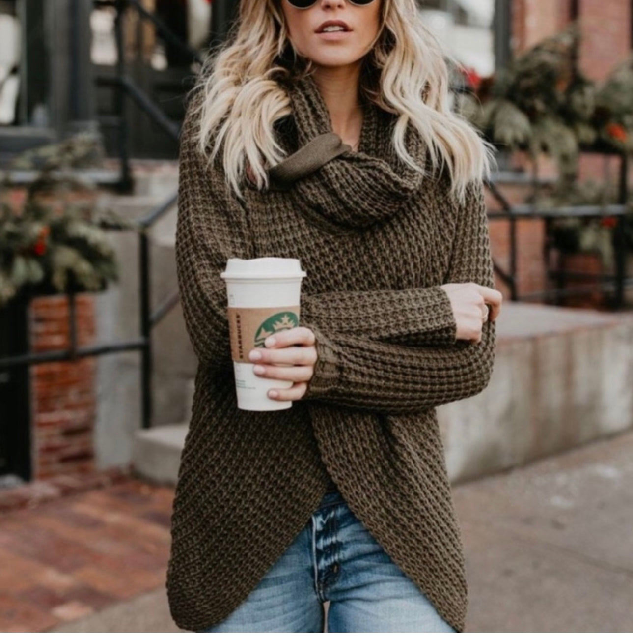 Cowl Neck Button Front Knit Brown Sweater