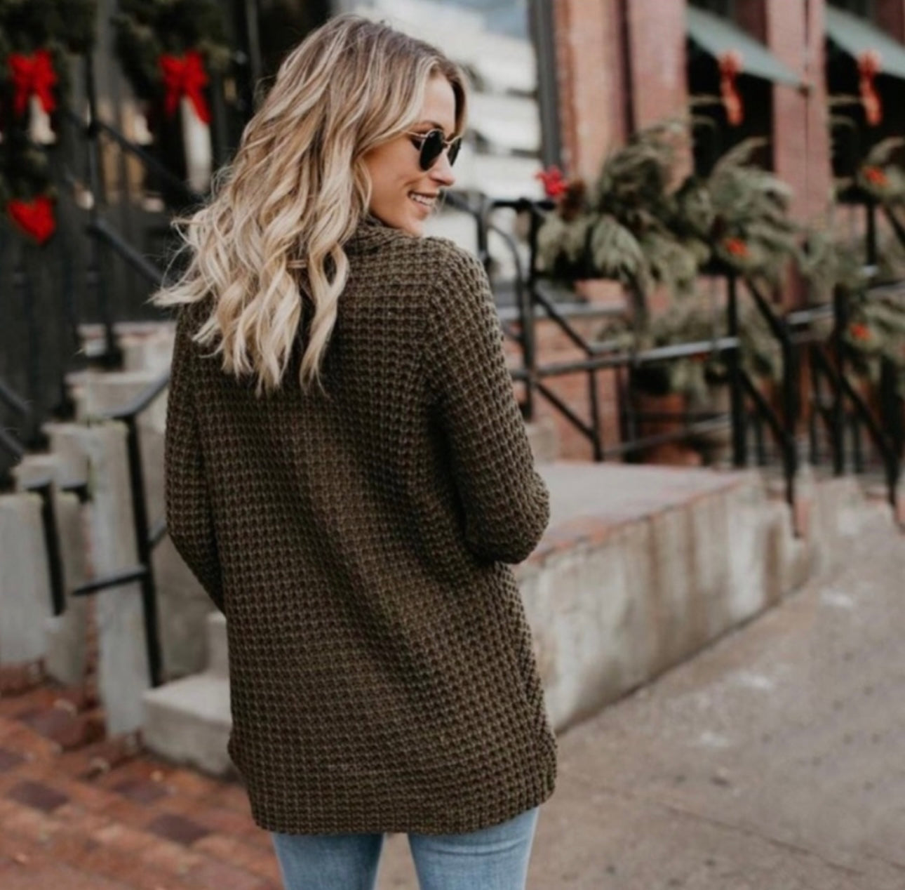 Cowl Neck Button Front Knit Brown Sweater