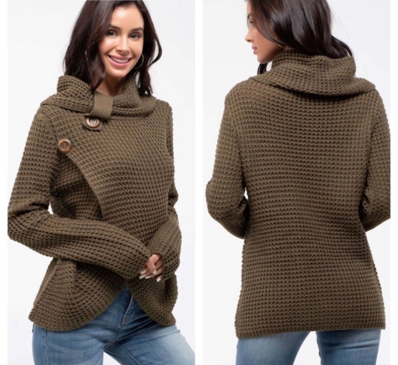 Cowl Neck Button Front Knit Brown Sweater